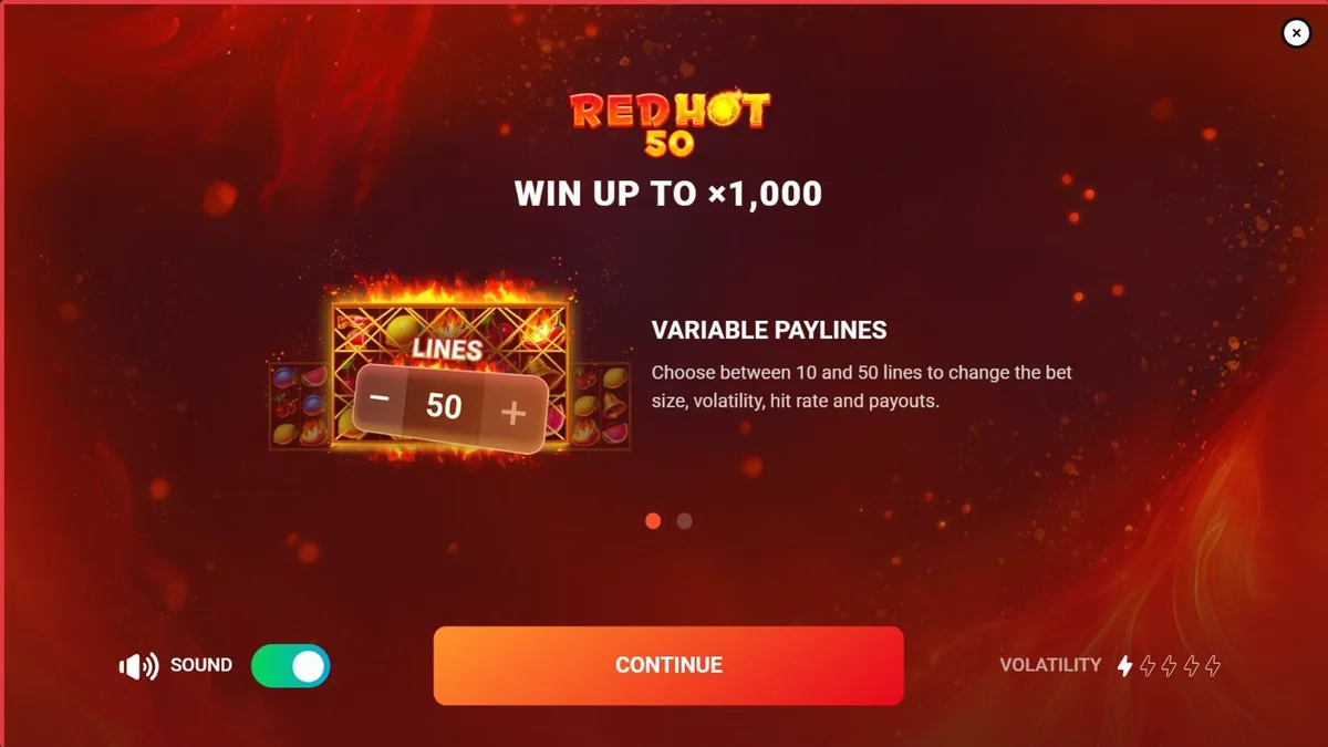 Tampilan visual slot Red Hot 50 dengan tema api dan buah-buahan